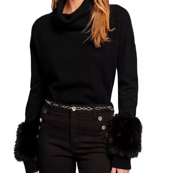 Ramy Brook Sistene Faux Fur Trim Sweater  Black / Large - Picture 1 of 11